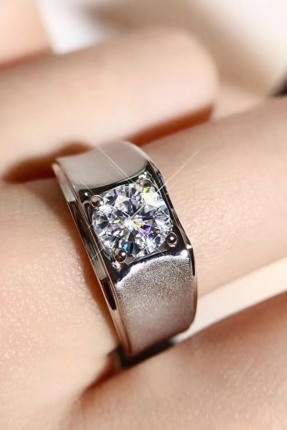 1 Carat Round Brilliant Cut Moissanite Wide Band Ring (Platinum Over Pure Sterling Silver) - Sparkala