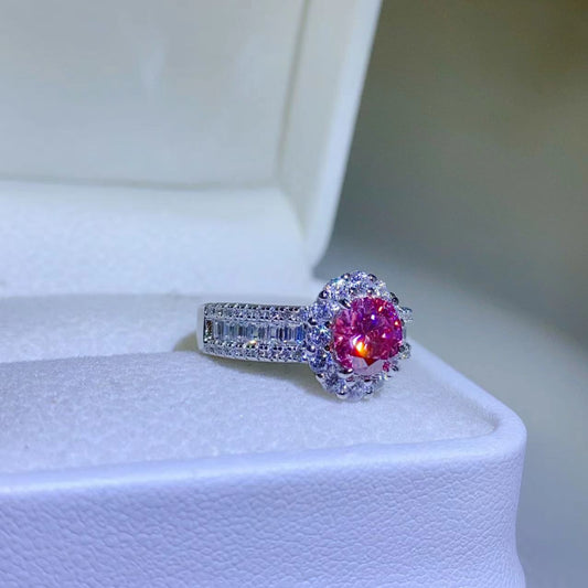1 Carat Fuschia Red Moissanite Pure Sterling Silver Halo Ring - Sparkala