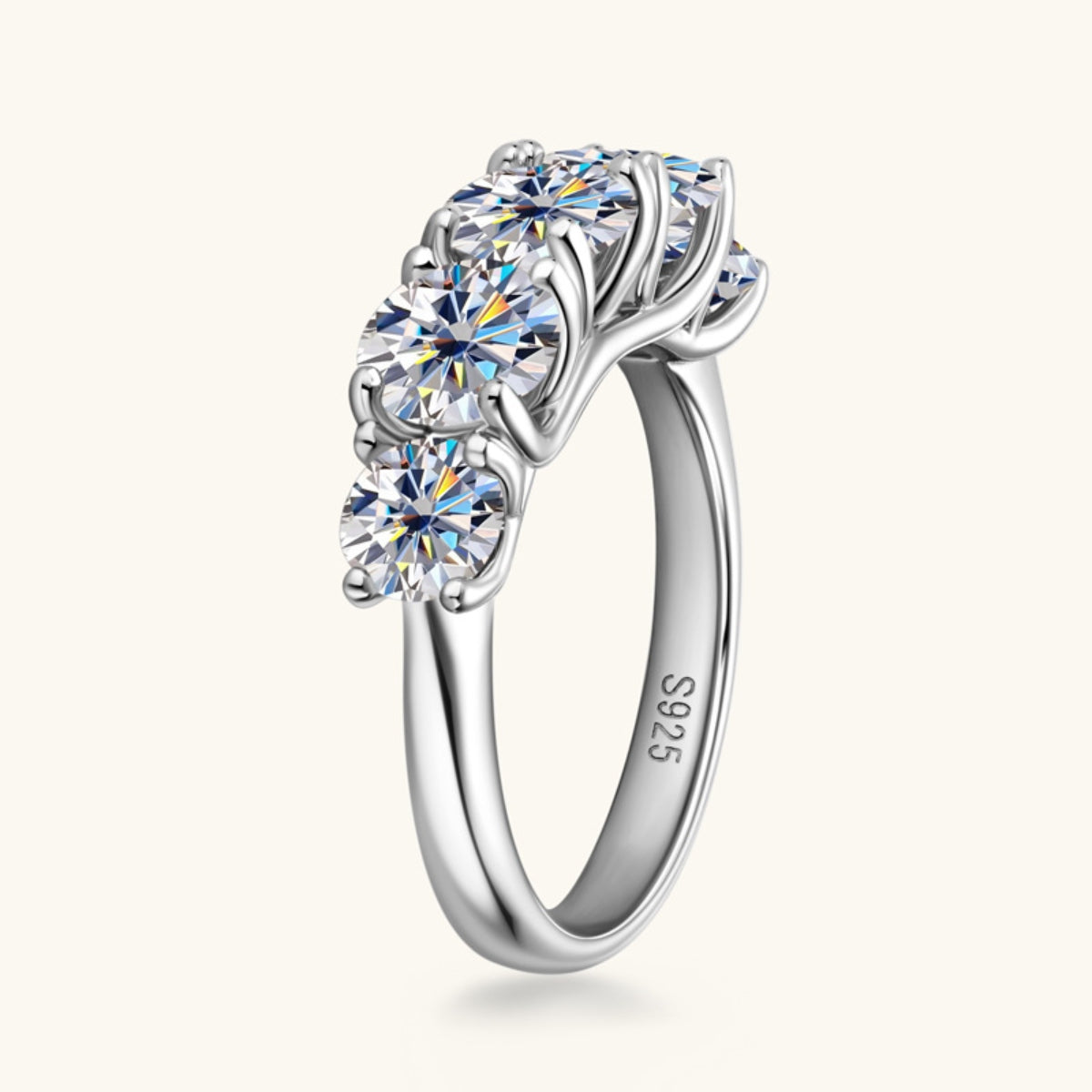 3.6 Carat 5 Stone Round Brilliant Cut Moissanite Pure Sterling Silver 5 Stone Ring - Sparkala