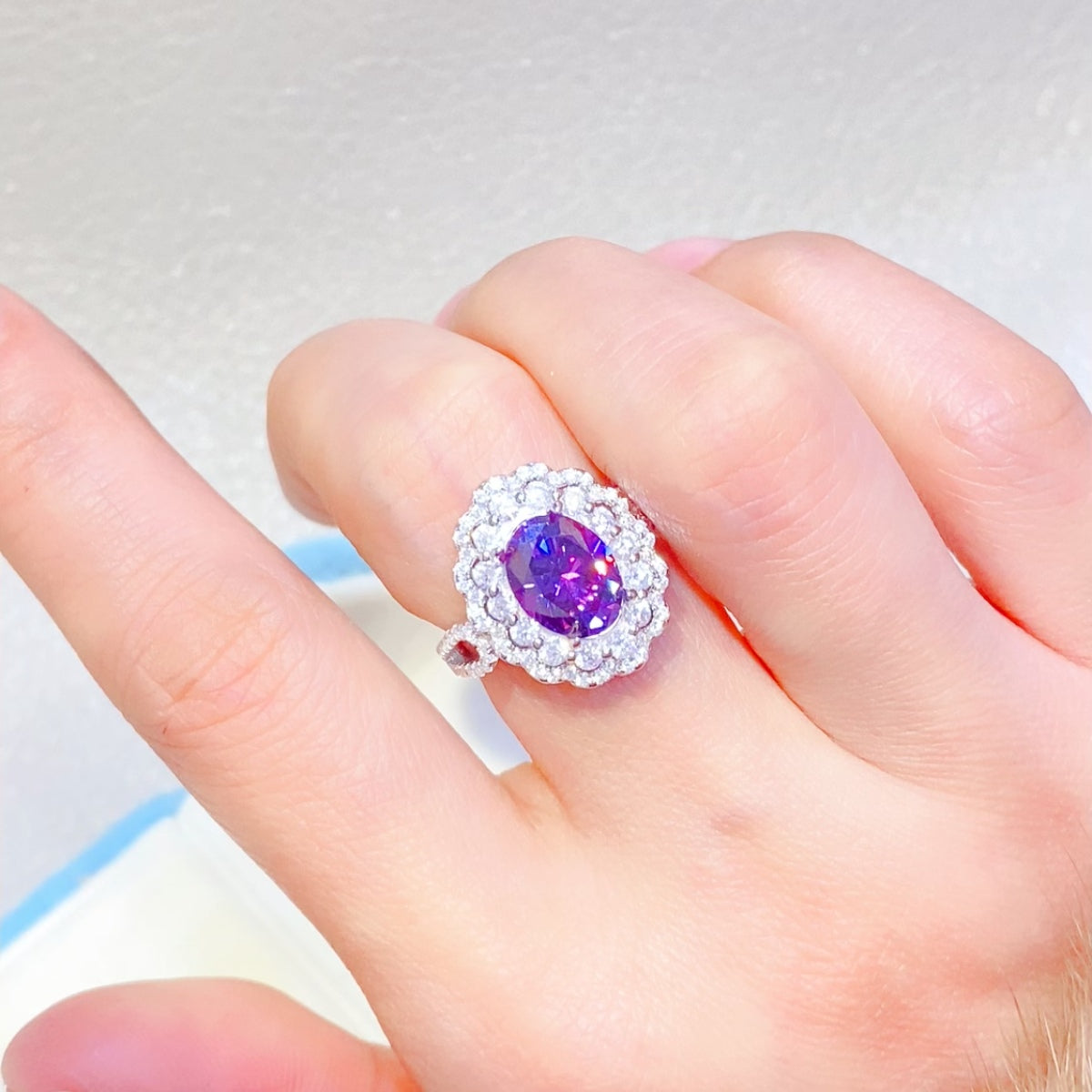 2 Carat Purple Oval-Cut Purple Oval-Cut Moissanite Pure Sterling Silver Halo Ring - Sparkala