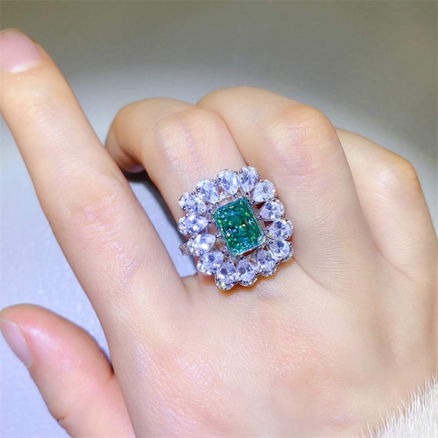 3 Carat Green Emerald-Cut Moissanite Pure Sterling Silver Ring - Sparkala