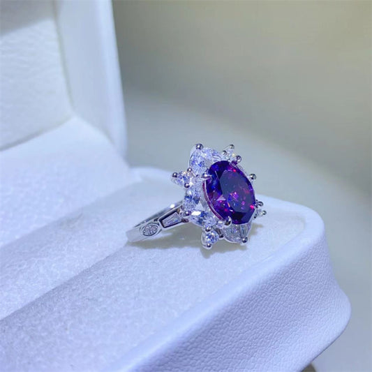 2 Carat Purple Oval-Cut Moissanite Pure Sterling Silver Ring - Sparkala