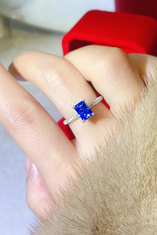 1 Carat Moissanite Platinum Over Pure Sterling Silver Rectangle Ring in Blue - Sparkala