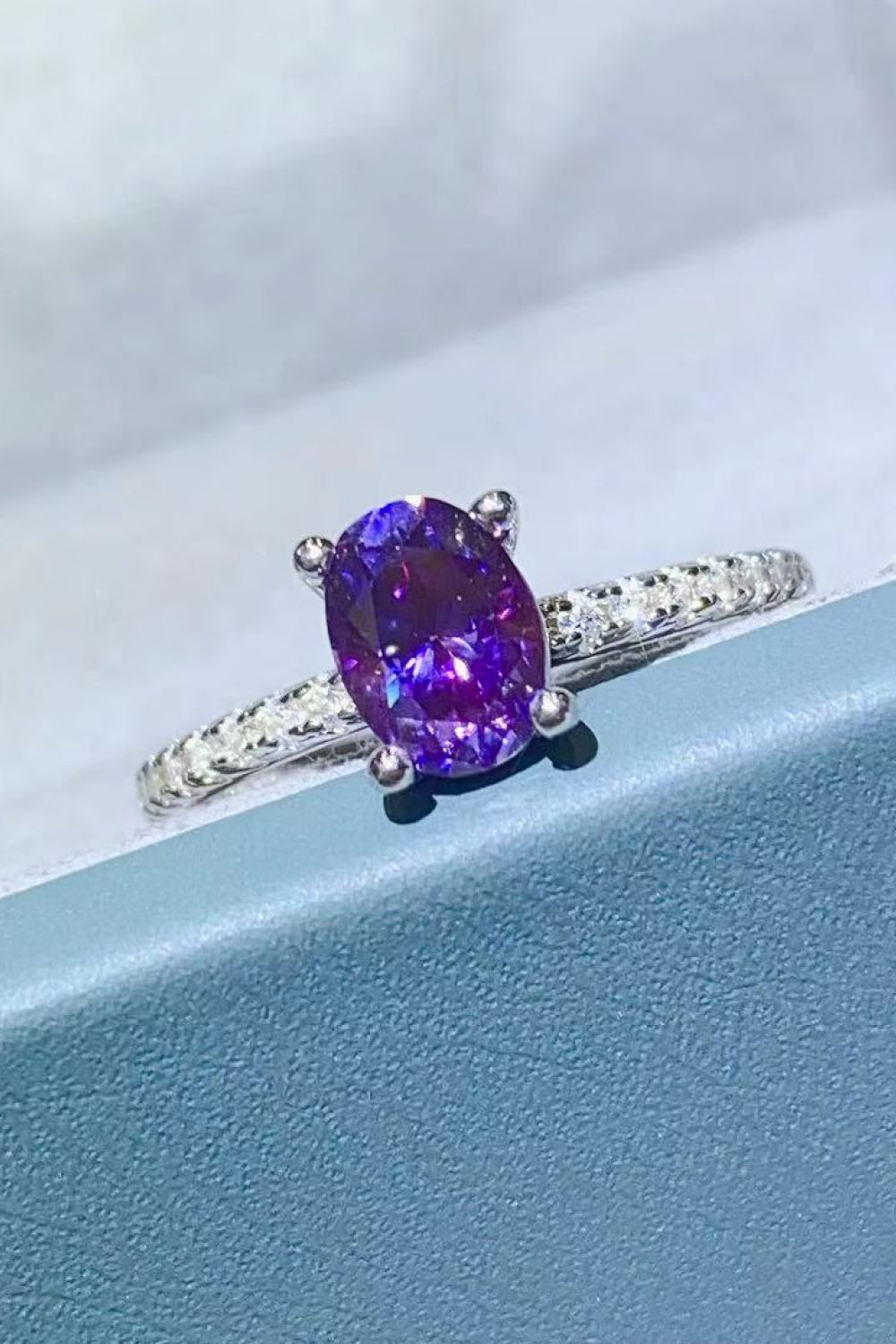 1 Carat Purple Purple Oval-Cut Moissanite 4-Prong Ring (Platinum Over Pure Sterling Silver) - Sparkala
