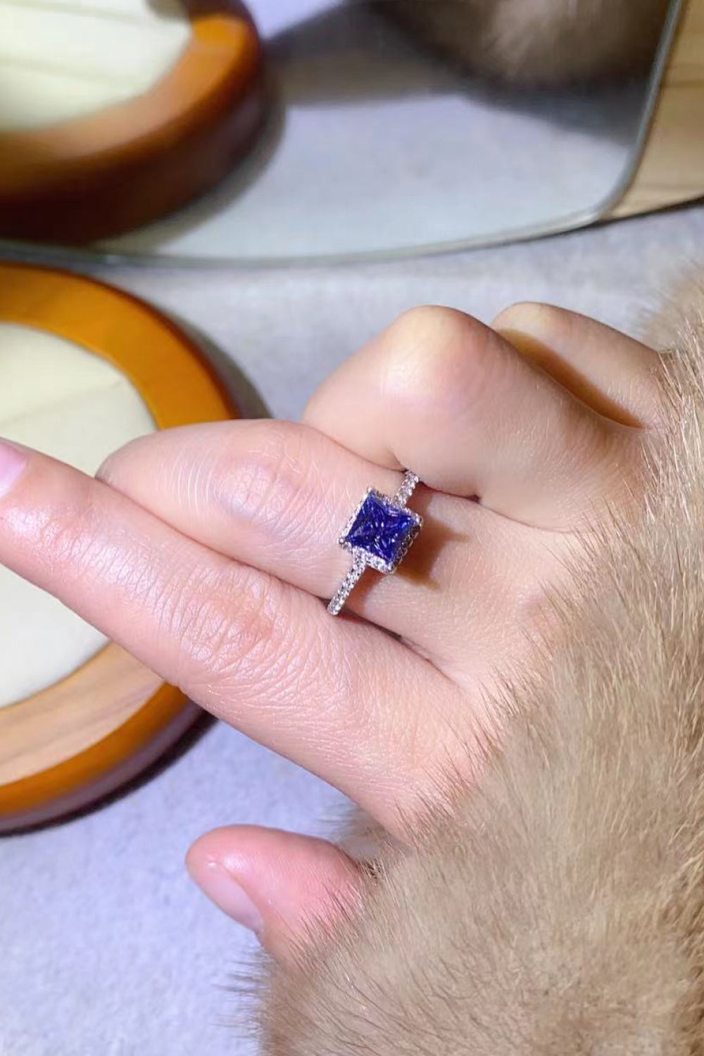 1 Carat Blue Princess-Cut Moissanite Platinum Over Pure Sterling Silver Square Ring - Sparkala