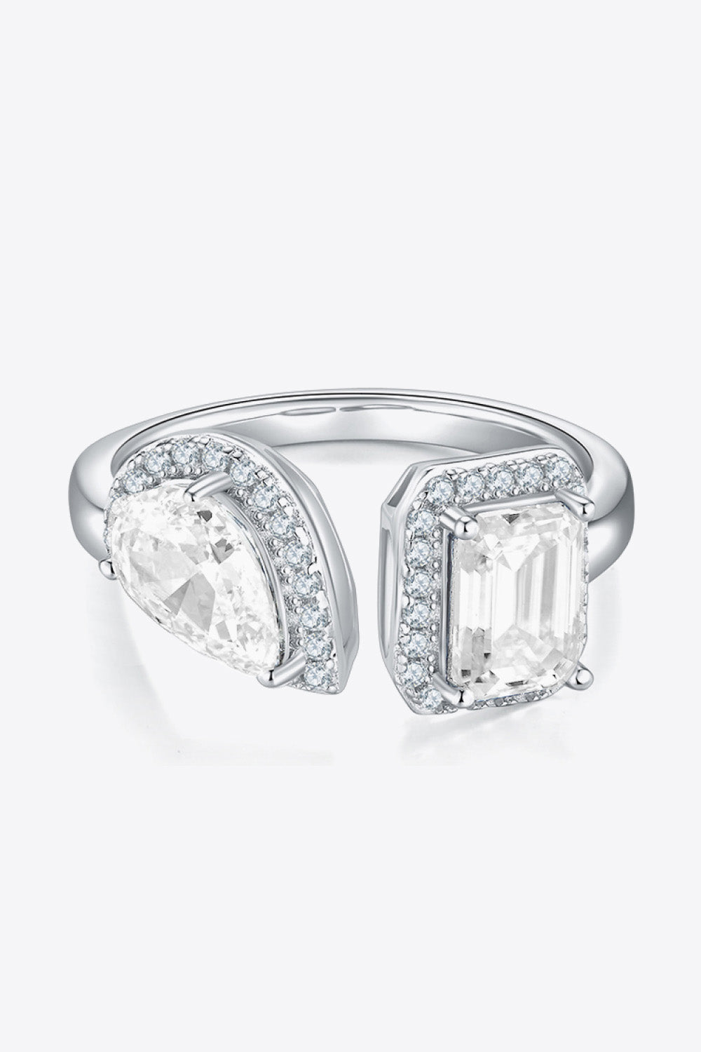 1 Carat Pear-Cut Emerald-Cut Moissanite Platinum Over Pure Sterling Silver Open Ring - Sparkala