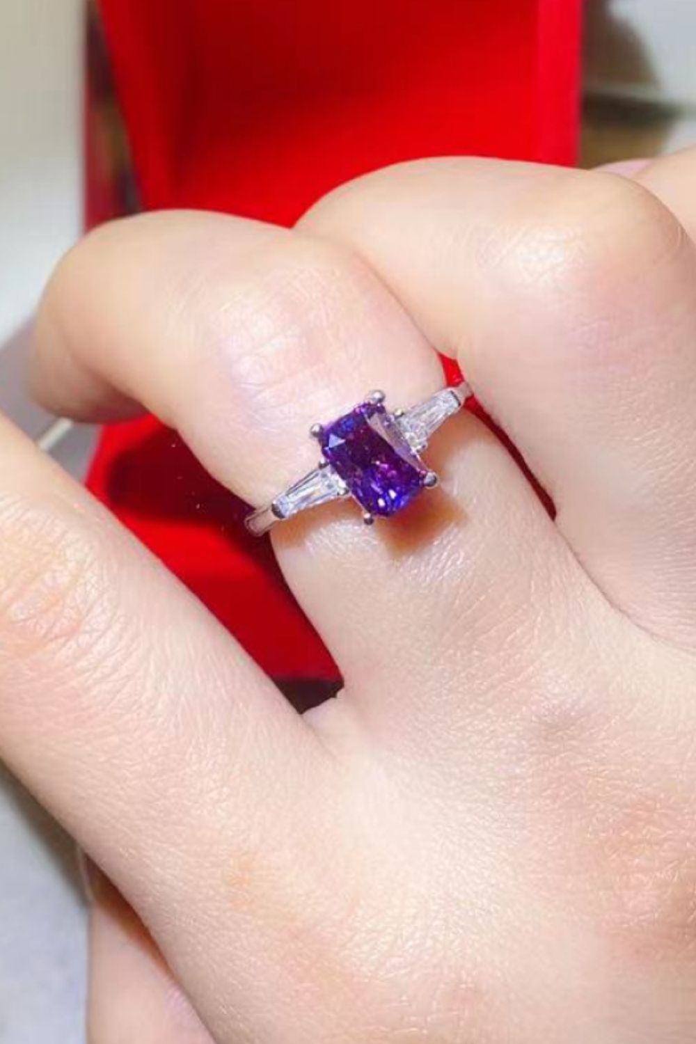 1 Carat Purple Emerald-Cut Moissanite Platinum-Plated Rectangle Ring in Purple - Sparkala