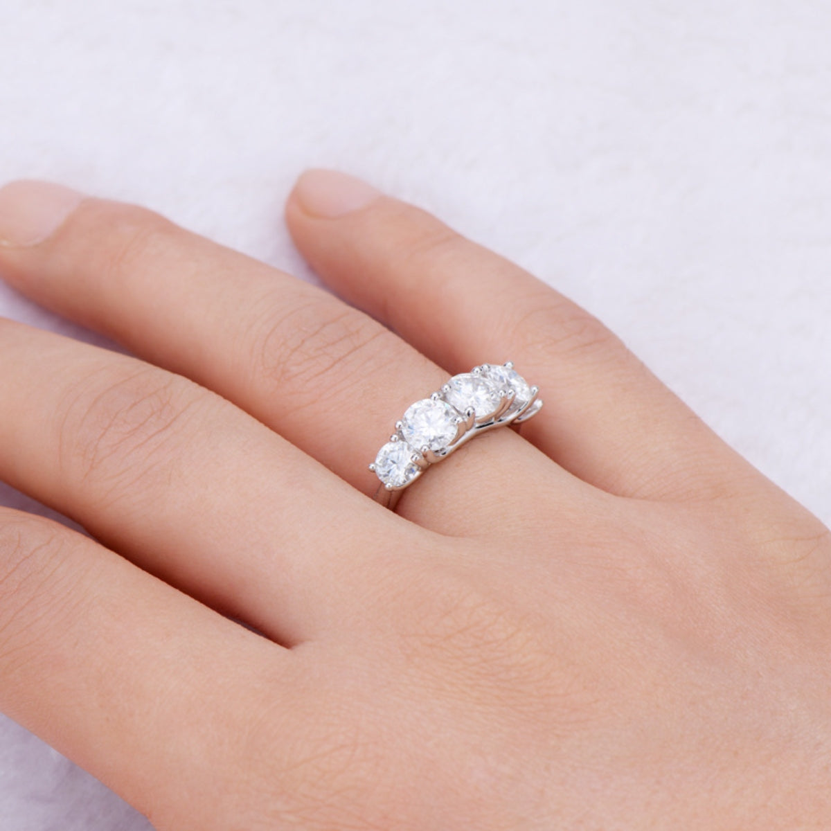 3.6 Carat 5 Stone Round Brilliant Cut Moissanite Pure Sterling Silver 5 Stone Ring - Sparkala