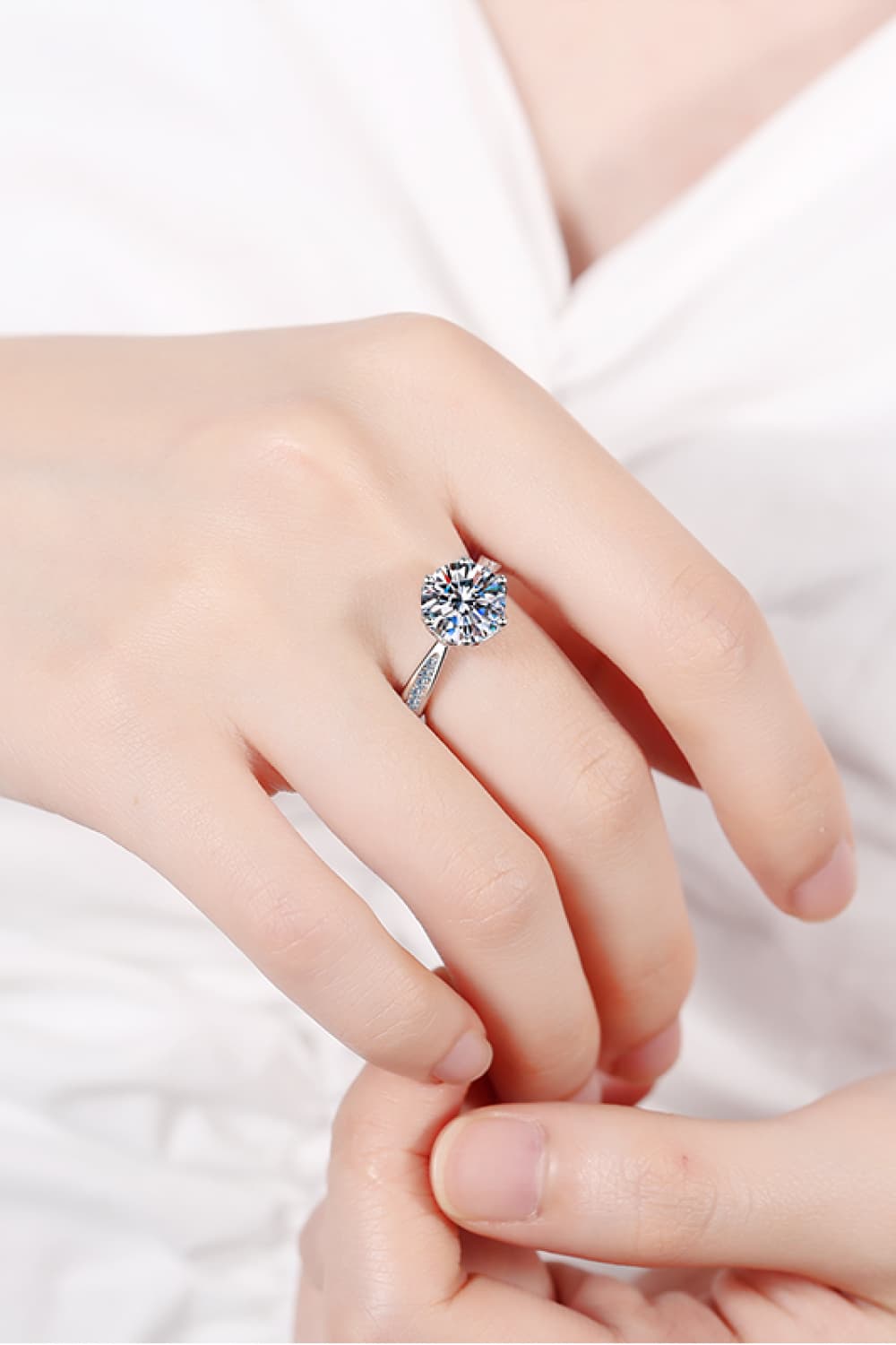 3 Carat Round Brilliant Cut Moissanite Rhodium Over Pure Sterling Silver Side Stone Ring - Sparkala