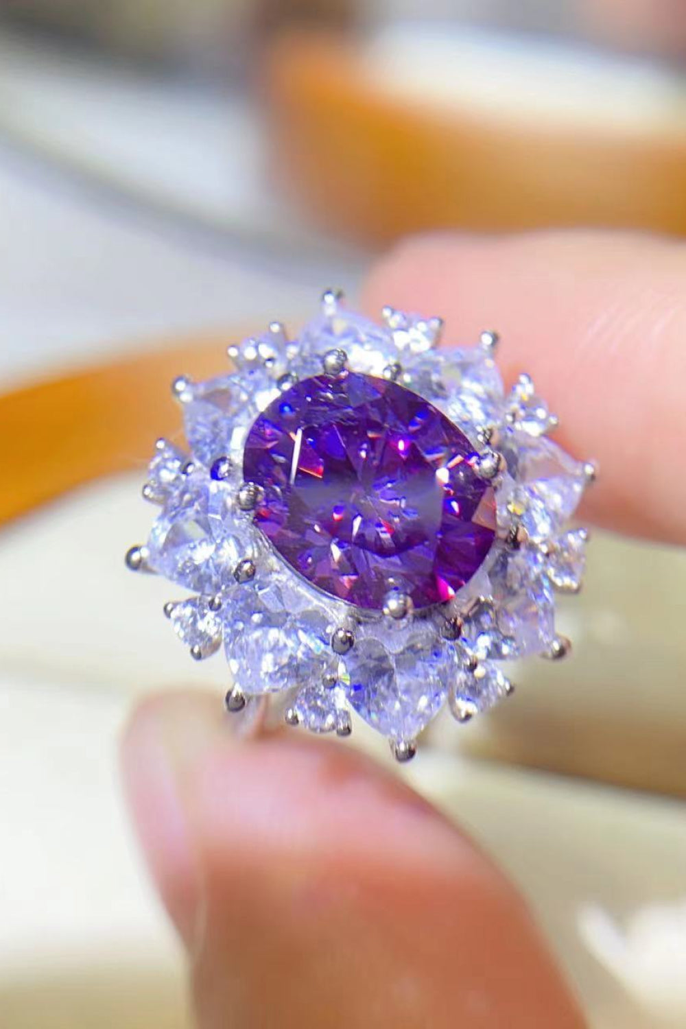 3 Carat Purple Oval-Cut Moissanite Platinum Over Pure Sterling Silver Ring - Sparkala