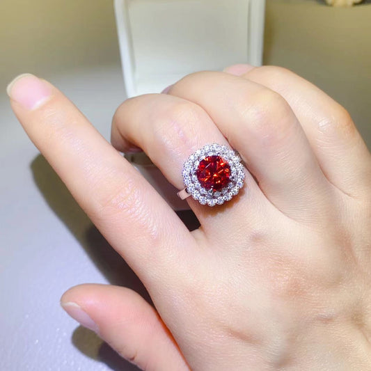 2 Carat Red Red Round Brilliant Cut Moissanite Pure Sterling Silver Halo Ring - Sparkala