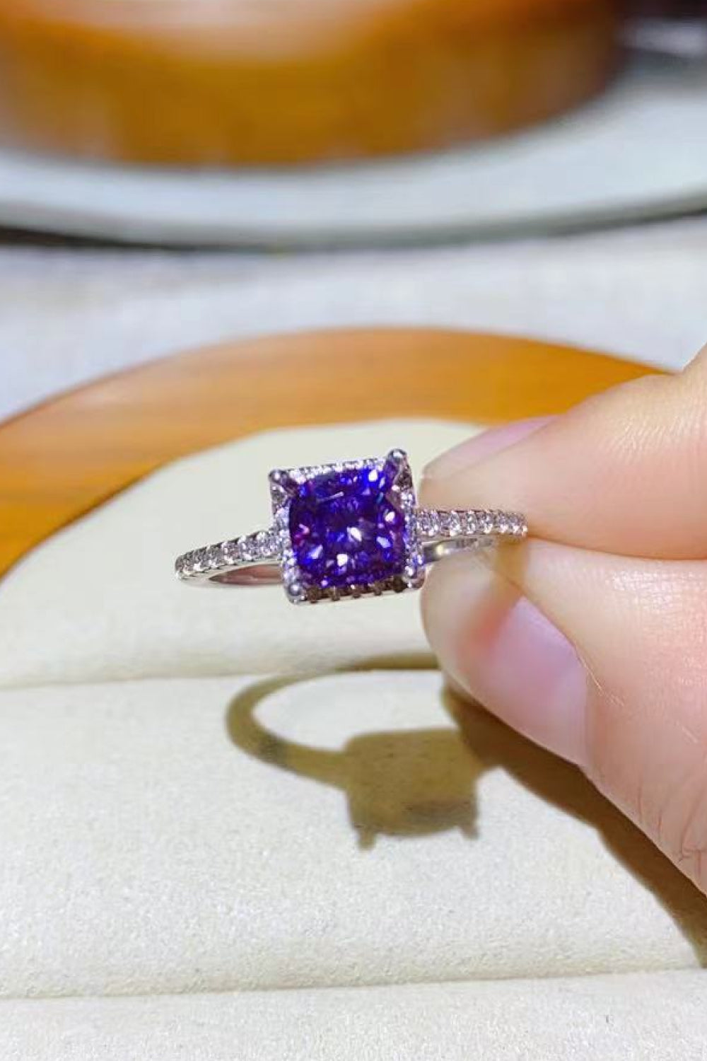 1 Carat Purple Moissanite Platinum-Plated Square Ring - Sparkala