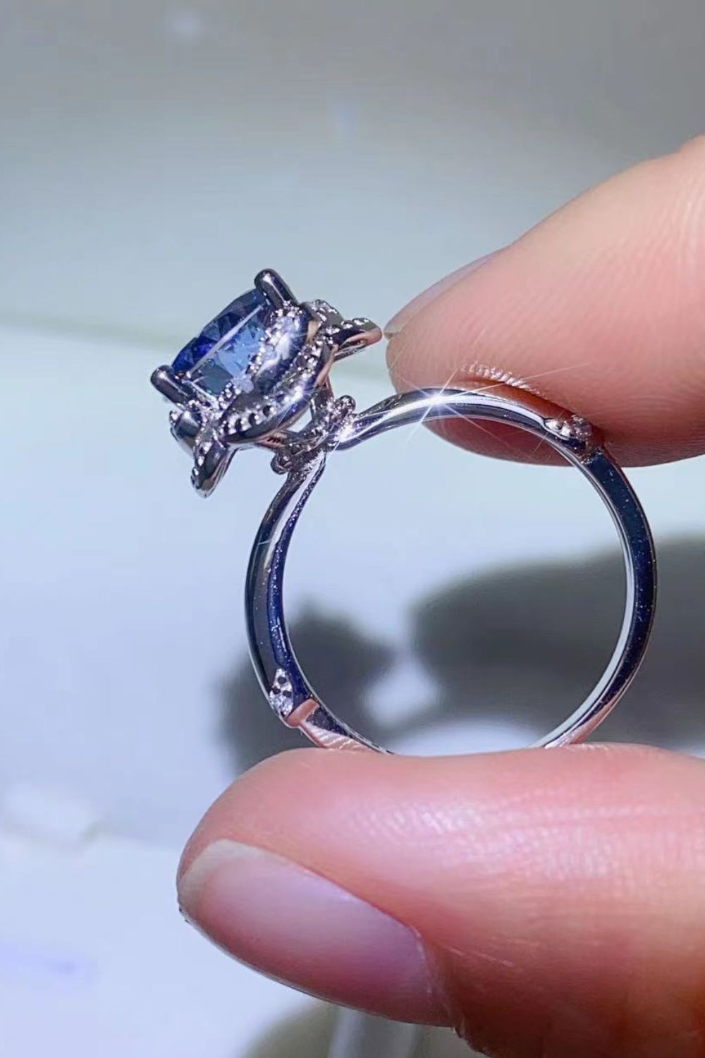 2 Carat Blue Moissanite Contrast Platinum Over Pure Sterling Silver Ring - Sparkala
