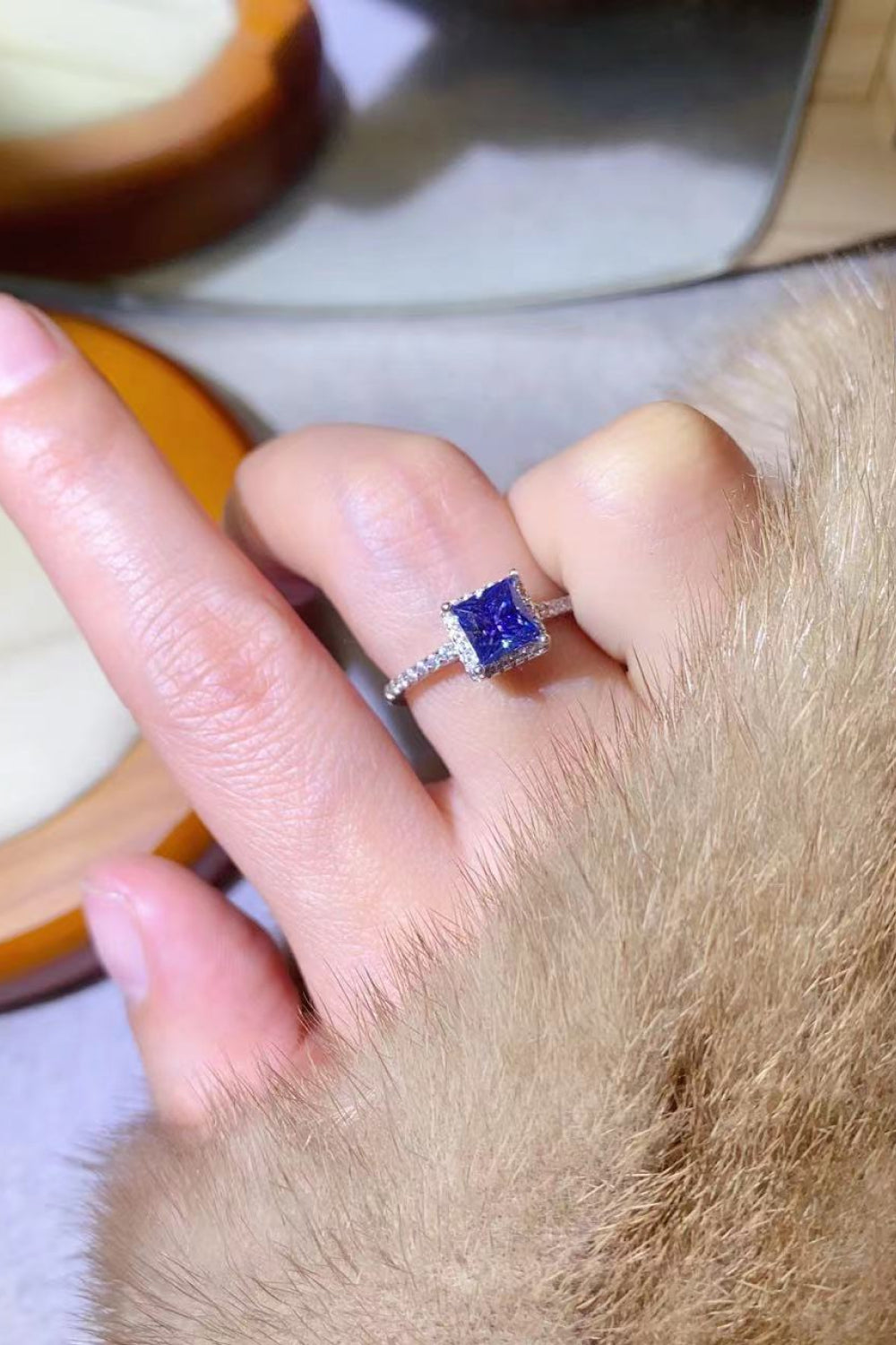 1 Carat Blue Princess-Cut Moissanite Platinum Over Pure Sterling Silver Square Ring - Sparkala