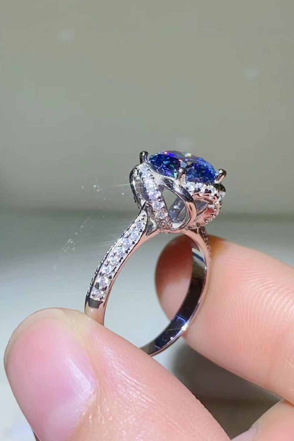 2 Carat Cobalt Blue Blue Round Brilliant Cut Moissanite Platinum Over Pure Sterling Silver Ring - Sparkala
