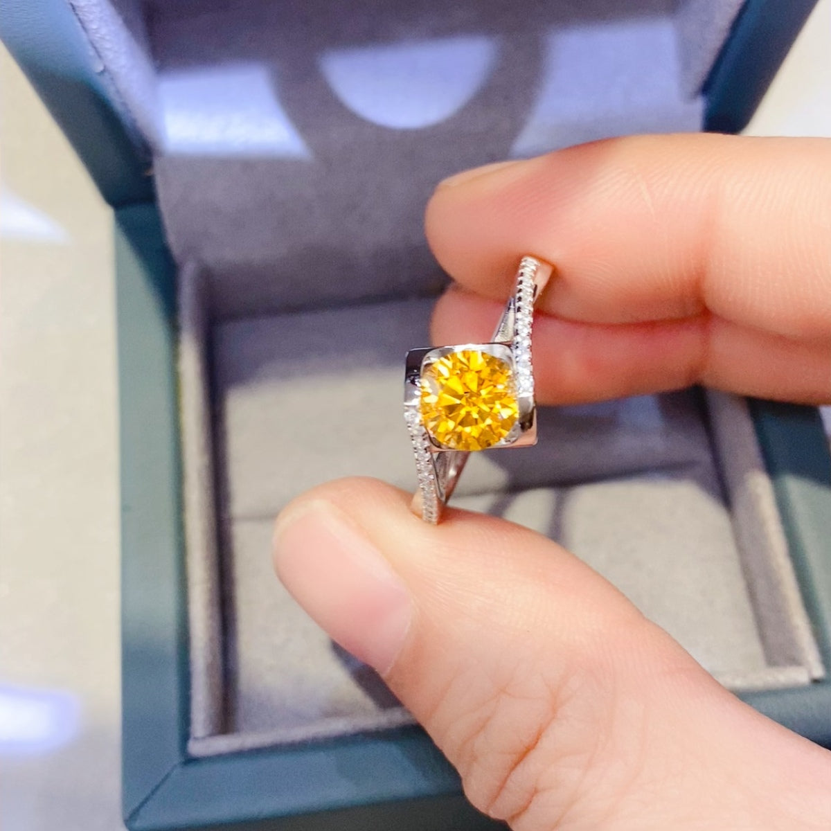 1 Carat Yellow Round Brilliant Cut Moissanite Pure Sterling Silver Ring - Sparkala
