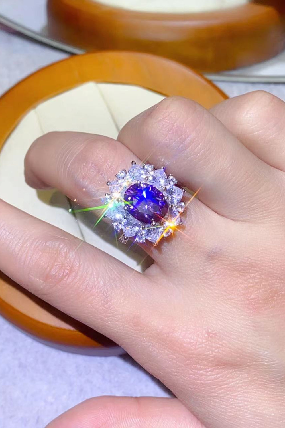 3 Carat Purple Oval-Cut Moissanite Platinum Over Pure Sterling Silver Ring - Sparkala