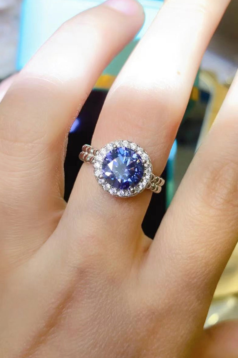 Let It Go 2 Carat Blue Blue Brilliant Round Cut Sparkala™ Moissanite Halo Ring