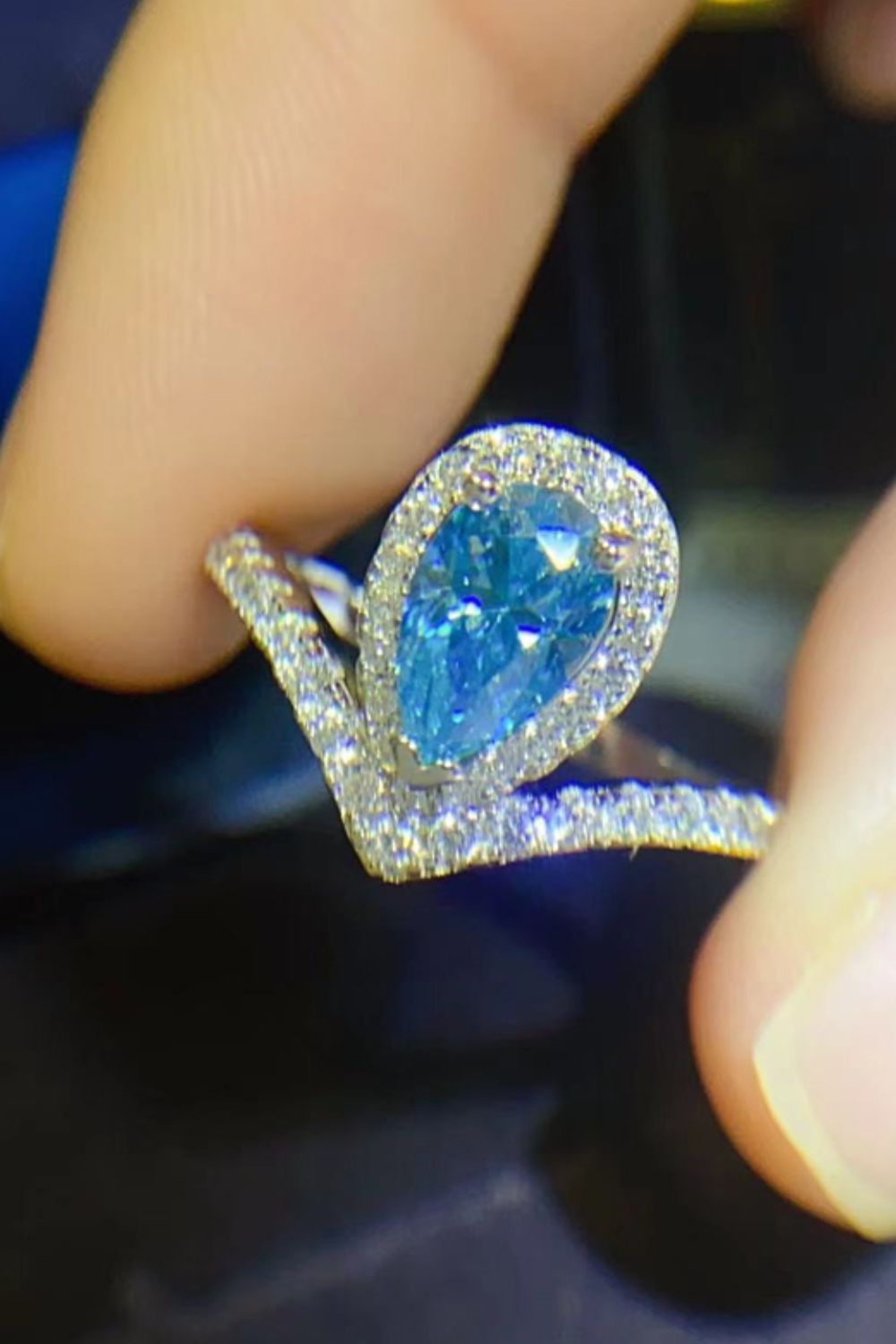 1 Carat Pear Shape Blue Moissanite Heart Ring (Platinum Over Pure Sterling Silver) - Sparkala
