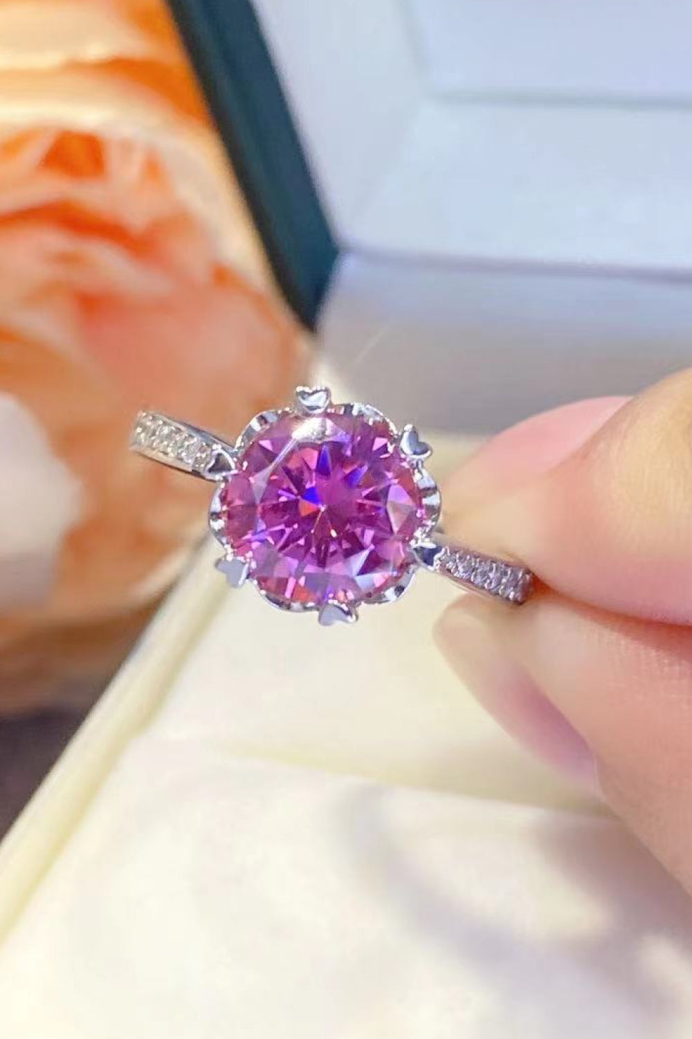 Shining For You 2 Carat Pink Brilliant Round Cut Sparkala™ Moissanite Platinum Over Pure Sterling Silver Ring