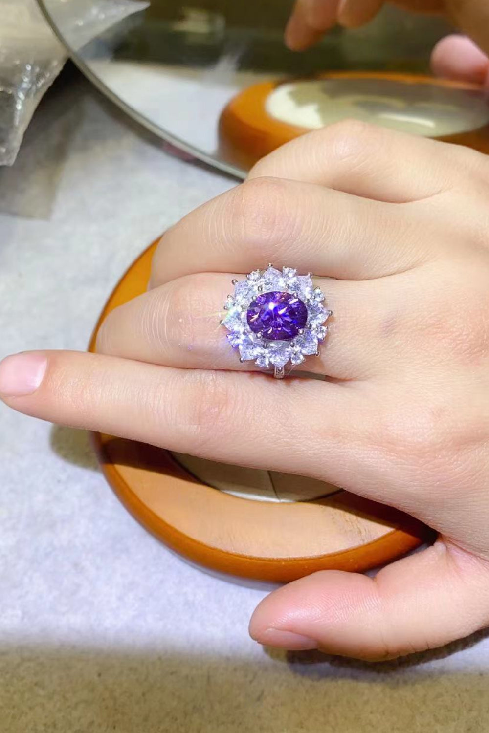 3 Carat Purple Oval-Cut Moissanite Platinum Over Pure Sterling Silver Ring - Sparkala