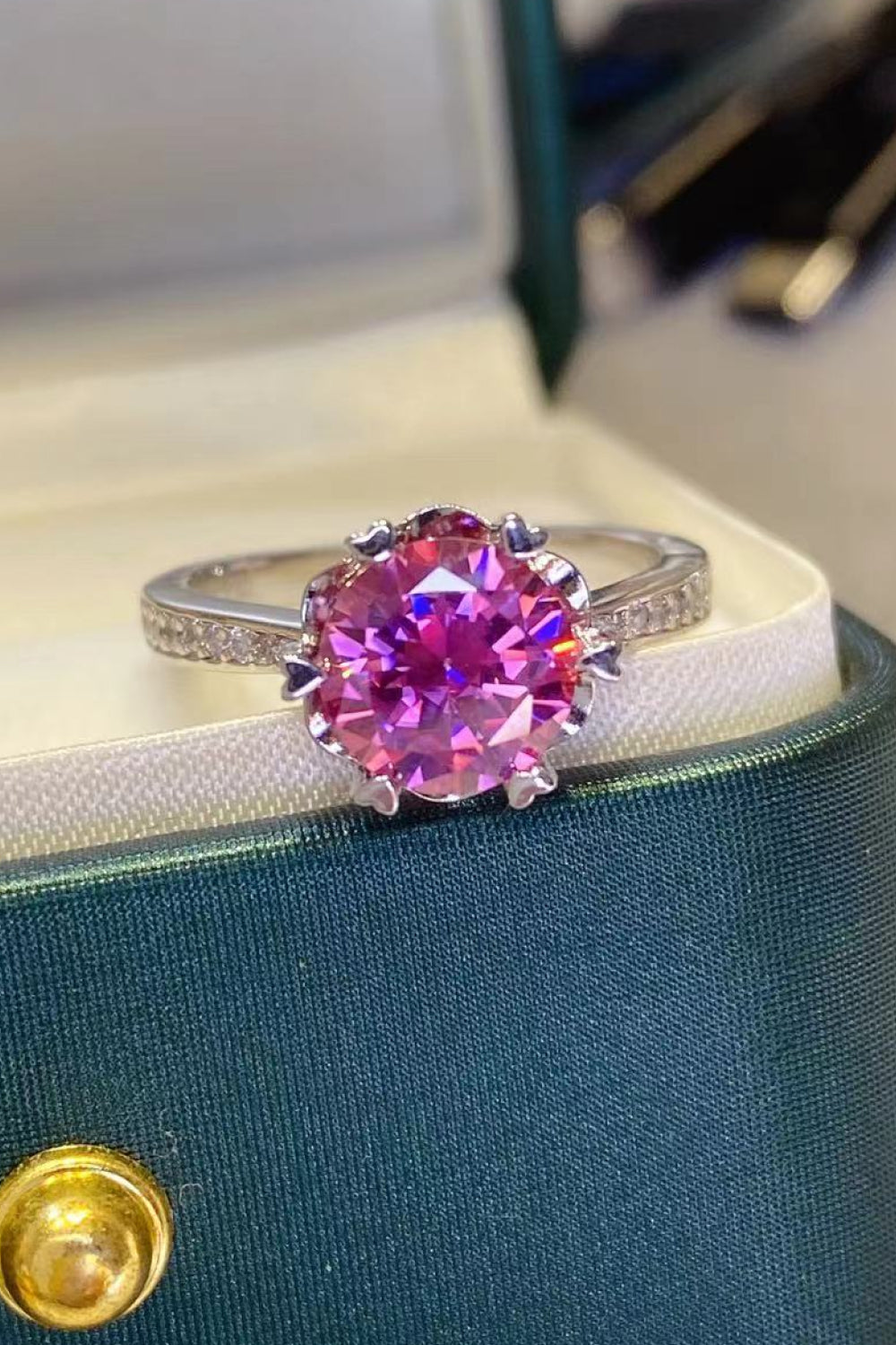 Shining For You 2 Carat Pink Brilliant Round Cut Sparkala™ Moissanite Platinum Over Pure Sterling Silver Ring