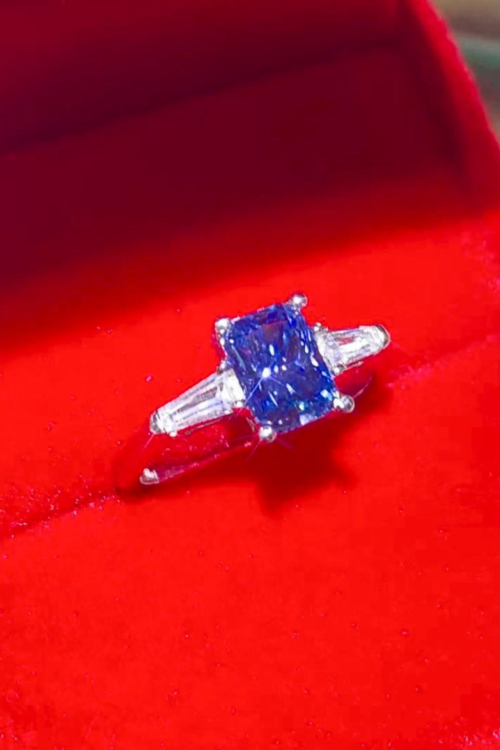 1 Carat Blue Radiant-Cut Moissanite Platinum-Plated Rectangle Ring in Blue - Sparkala