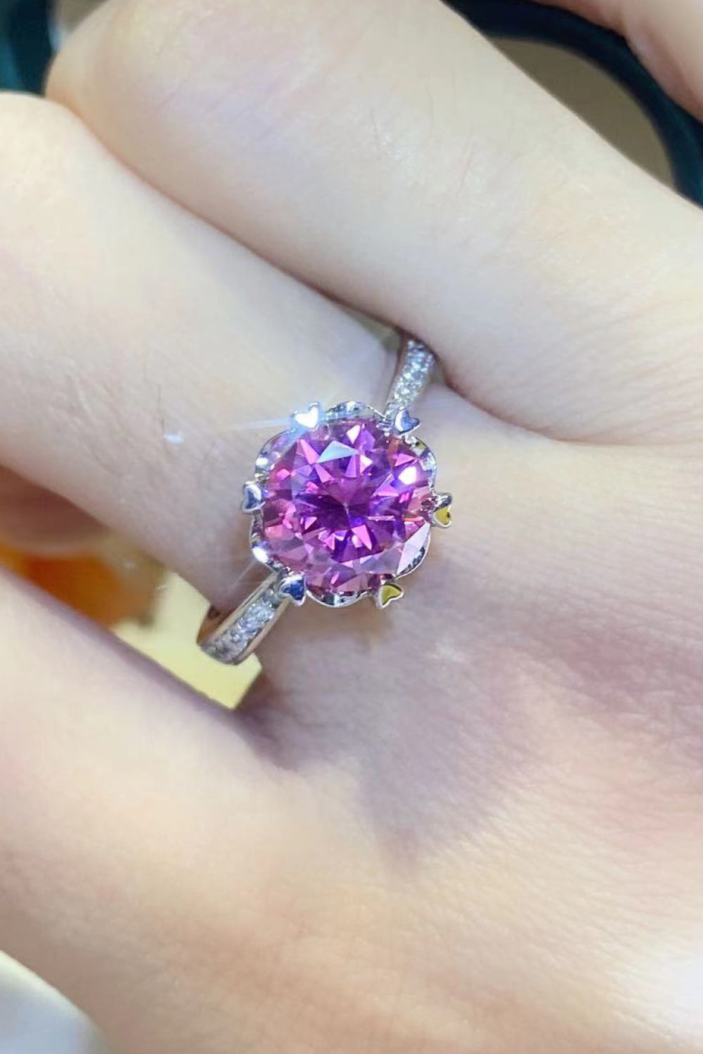 Shining For You 2 Carat Pink Brilliant Round Cut Sparkala™ Moissanite Platinum Over Pure Sterling Silver Ring