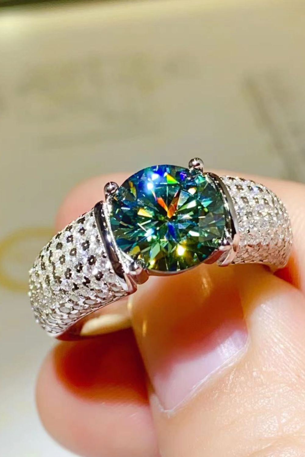 3 Carat Green Moissanite Side Stone Ring - Sparkala