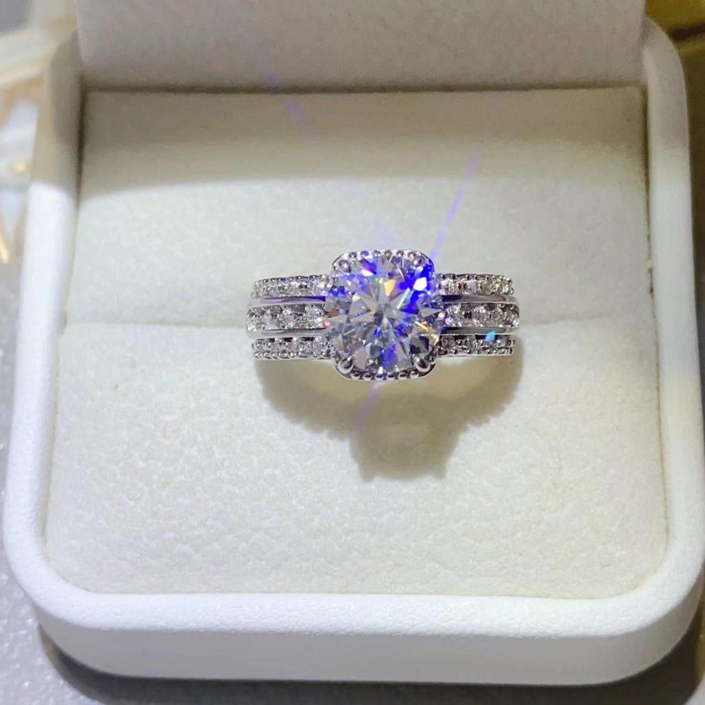 2 Carat Round Brilliant Cut Moissanite Pure Sterling Silver Banded Ring - Sparkala