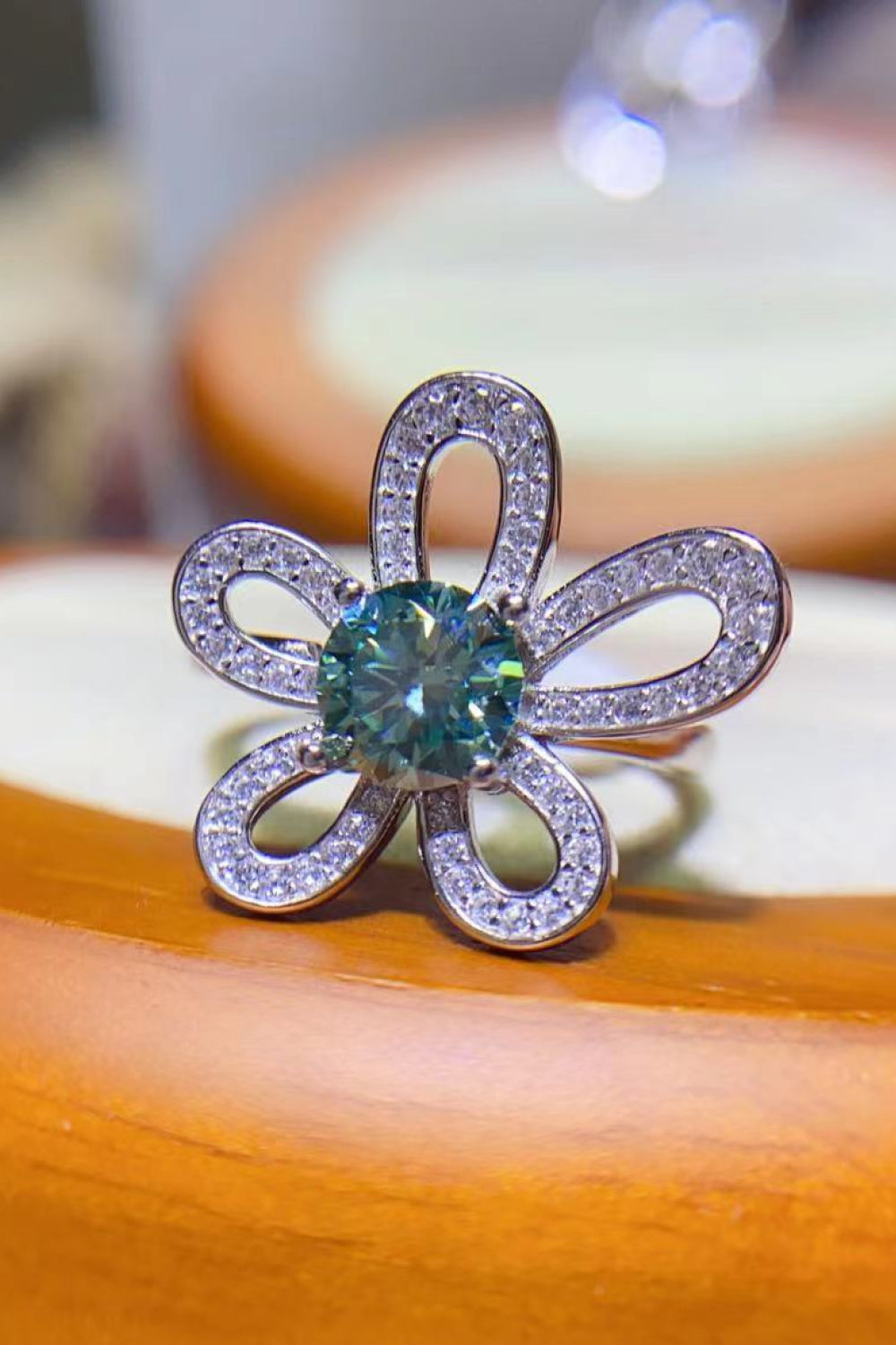 1 Carat Green Moissanite Flower Shape Open Ring - Sparkala