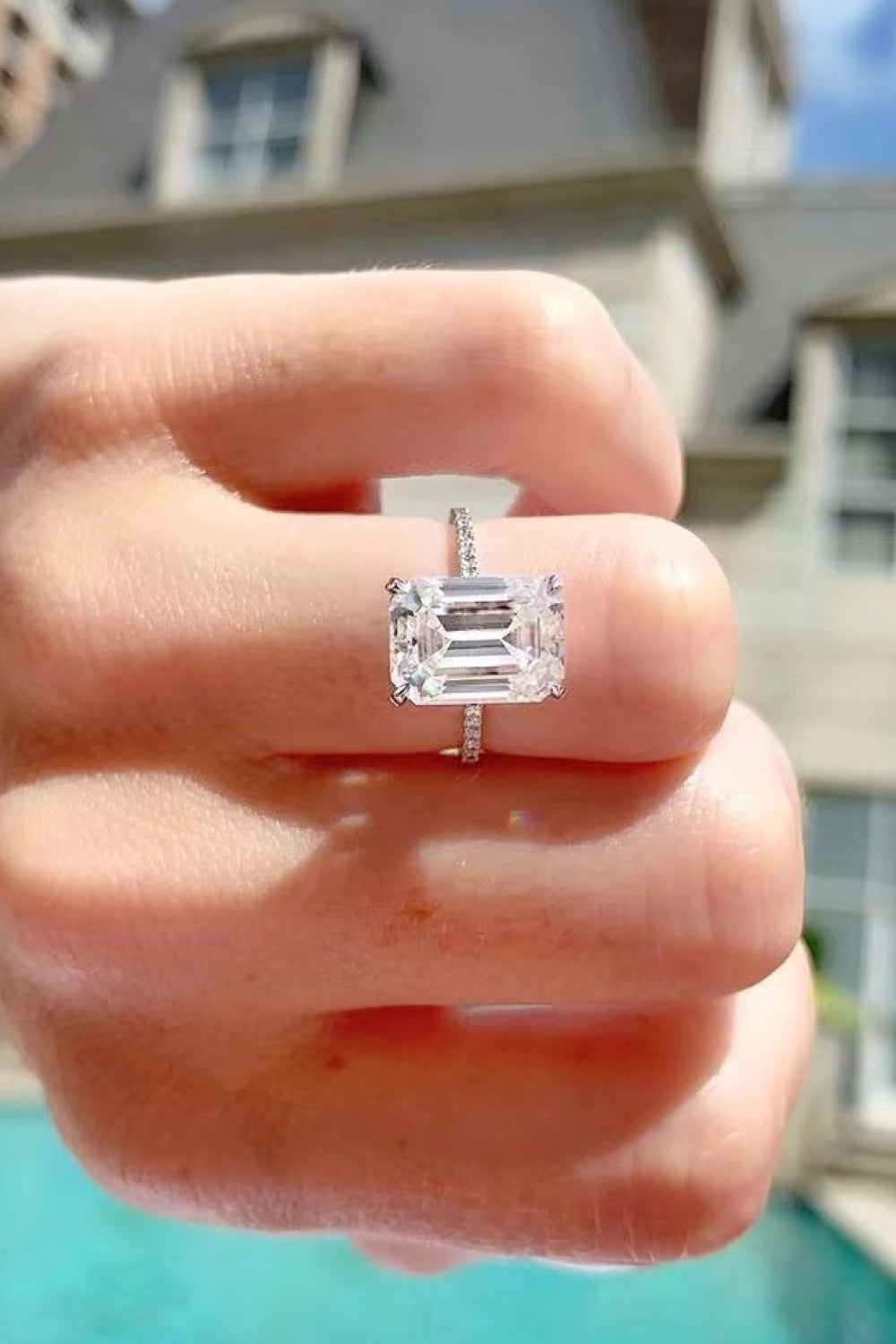 5 Carat Emerald-Cut Emerald-Cut Sparkala™ Moissanite with Side Stones Ring (Platinum Over Pure Sterling Silver)