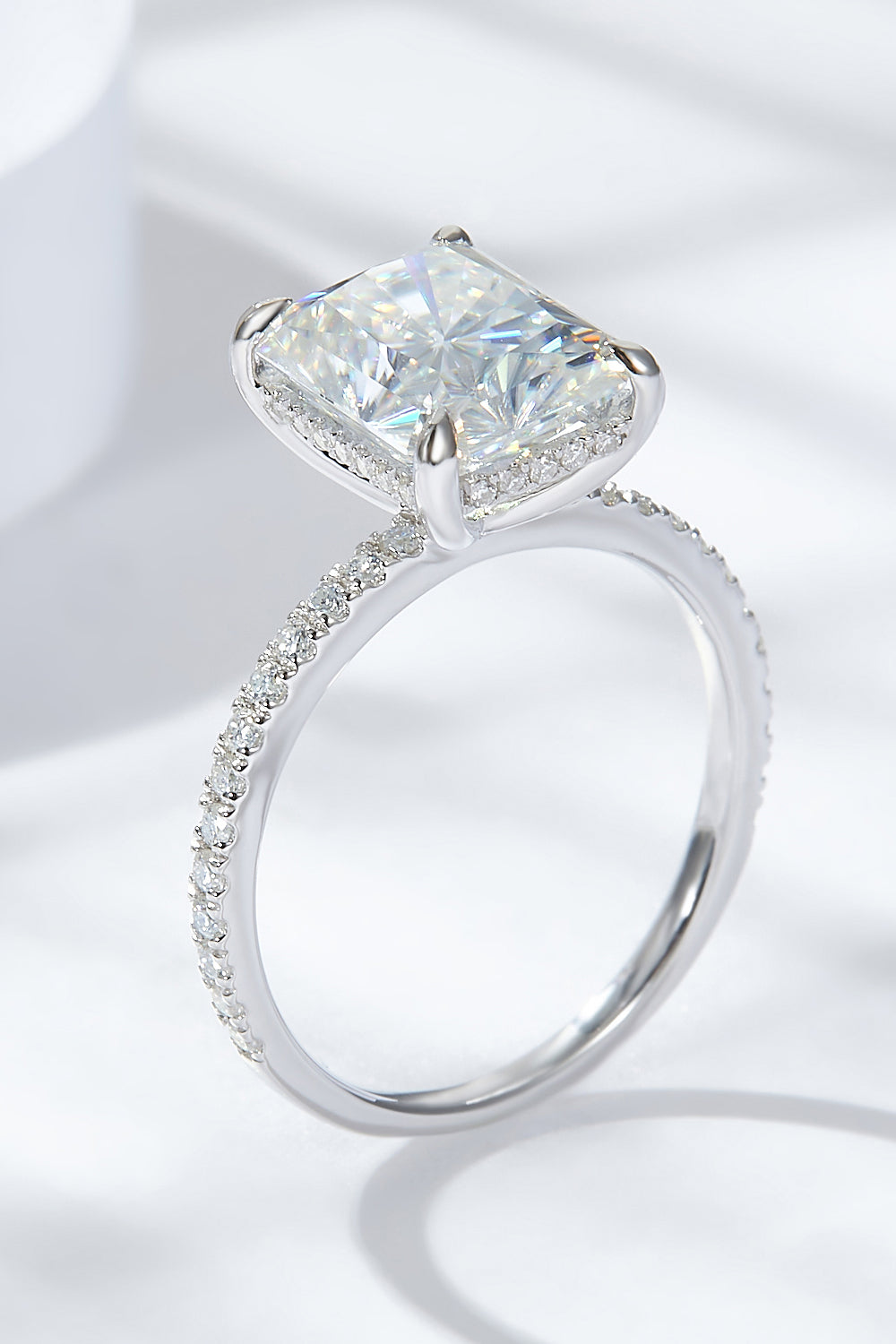 4 Carat Radiant-Cut Moissanite 4-Prong Side Stone Ring (Platinum Over Pure Sterling Silver) - Sparkala