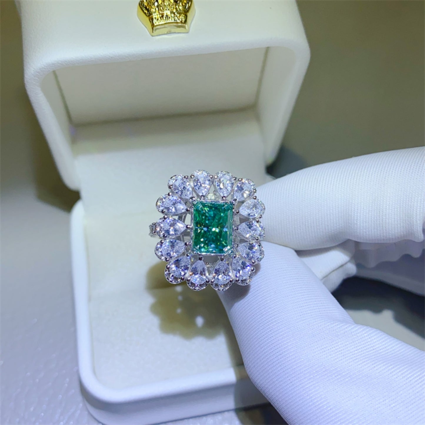3 Carat Green Emerald-Cut Moissanite Pure Sterling Silver Ring - Sparkala