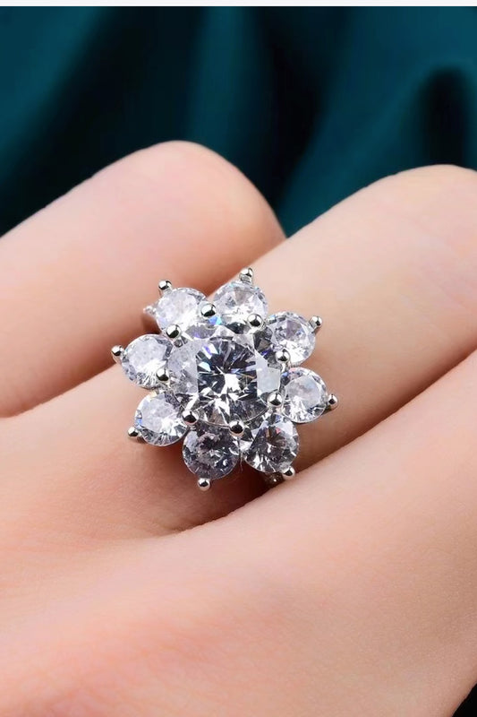 1 Carat Round Brilliant Cut Moissanite Platinum Over Pure Sterling Silver Flower Ring - Sparkala