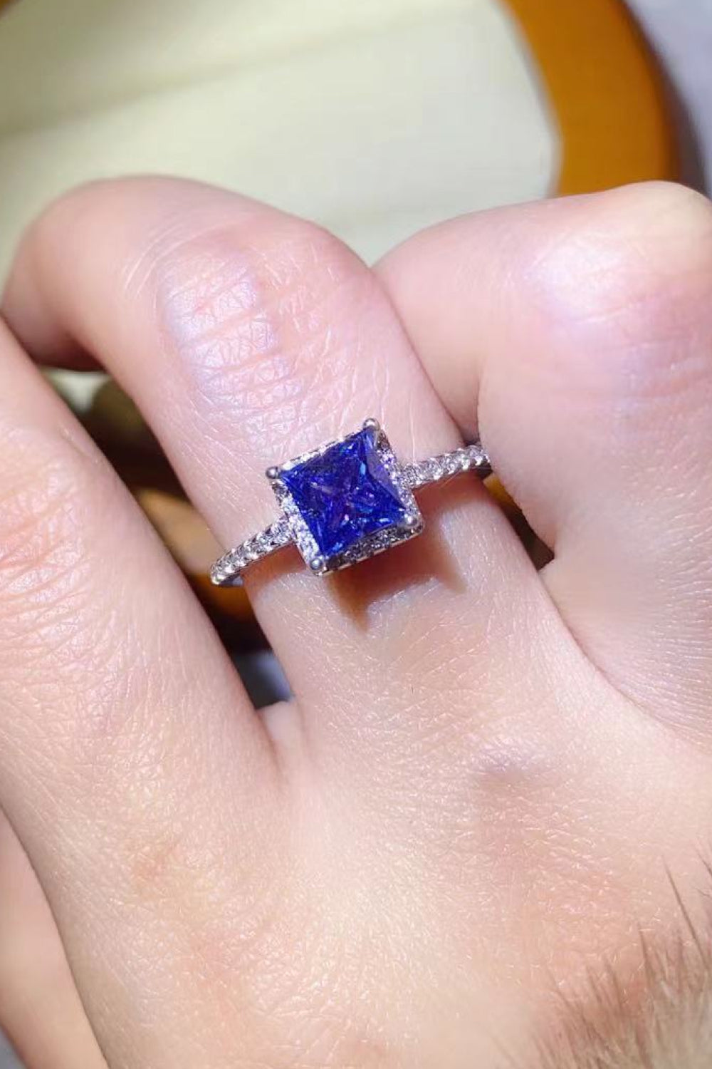 1 Carat Blue Princess-Cut Moissanite Platinum Over Pure Sterling Silver Square Ring - Sparkala