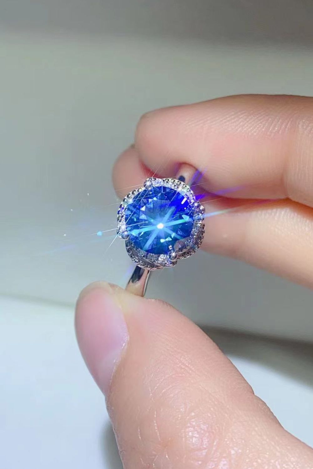 2 Carat Blue Moissanite Contrast Platinum Over Pure Sterling Silver Ring - Sparkala