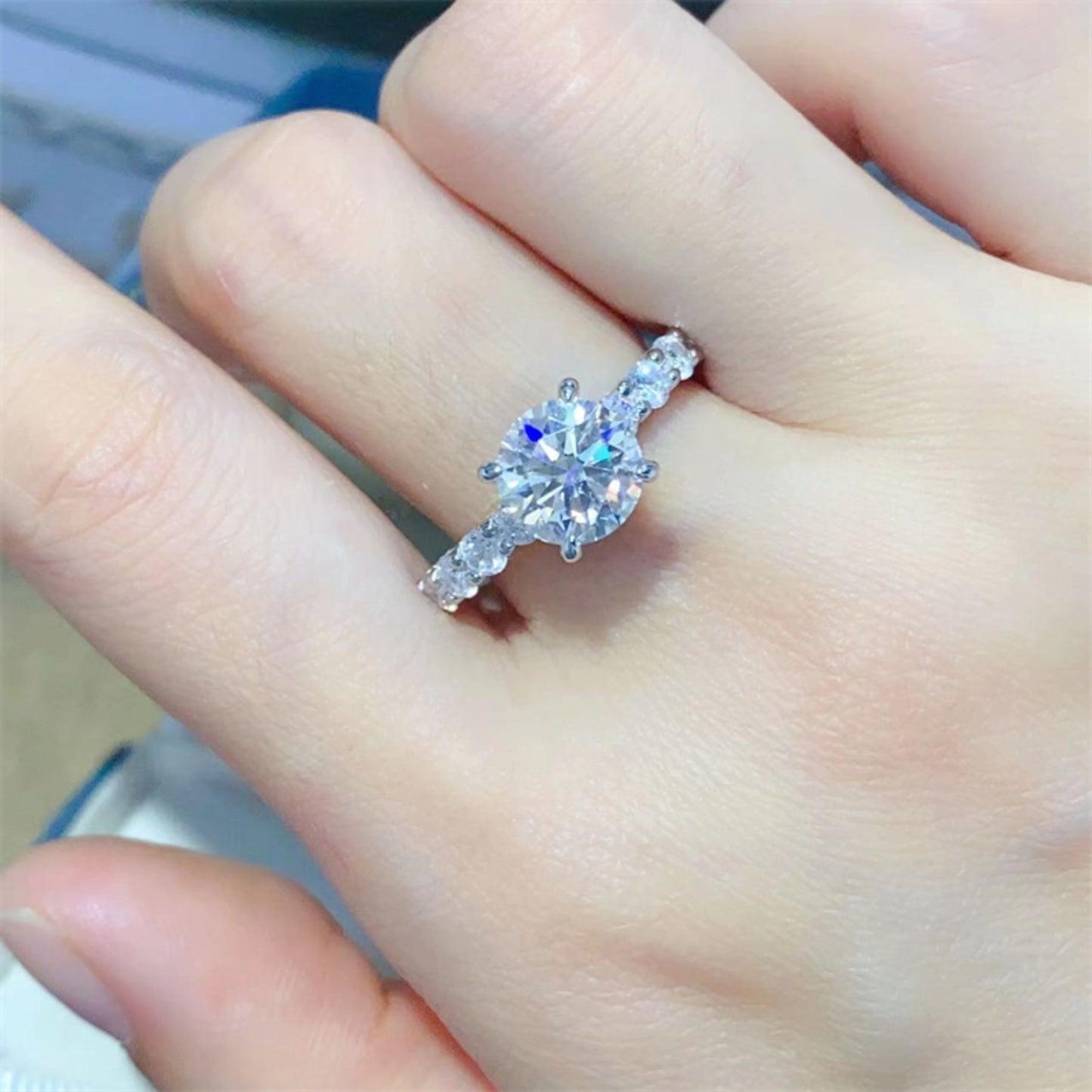 2 Carat Round Brilliant Cut Moissanite Half Eternity Platinum Over Pure Sterling Silver Ring - Sparkala