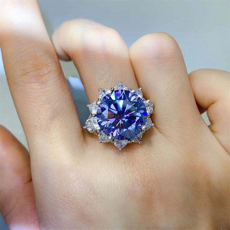 10 Carat Blue Round Brilliant Cut Moissanite Pure Sterling Silver Princess Di Ring - Sparkala