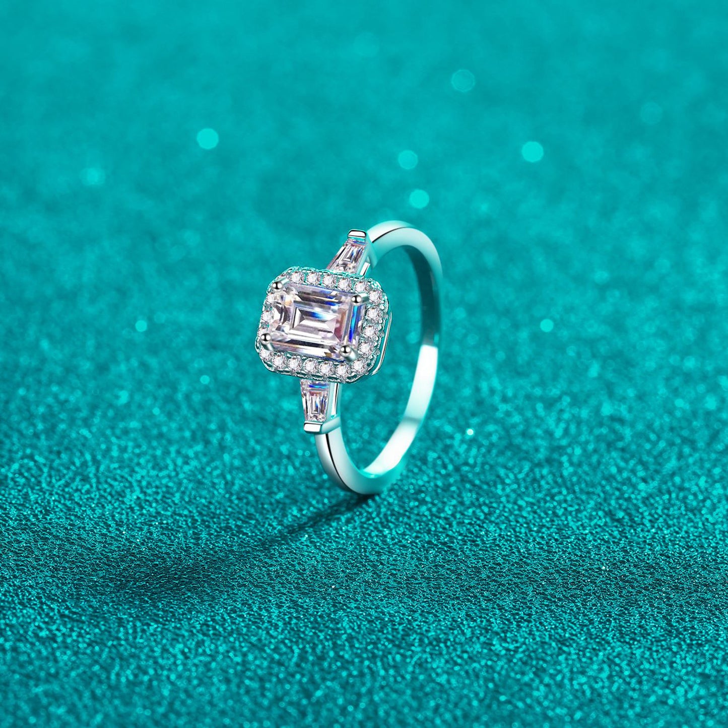 1 Carat Blue Emerald-Cut Moissanite Pure Sterling Silver Ring - Sparkala