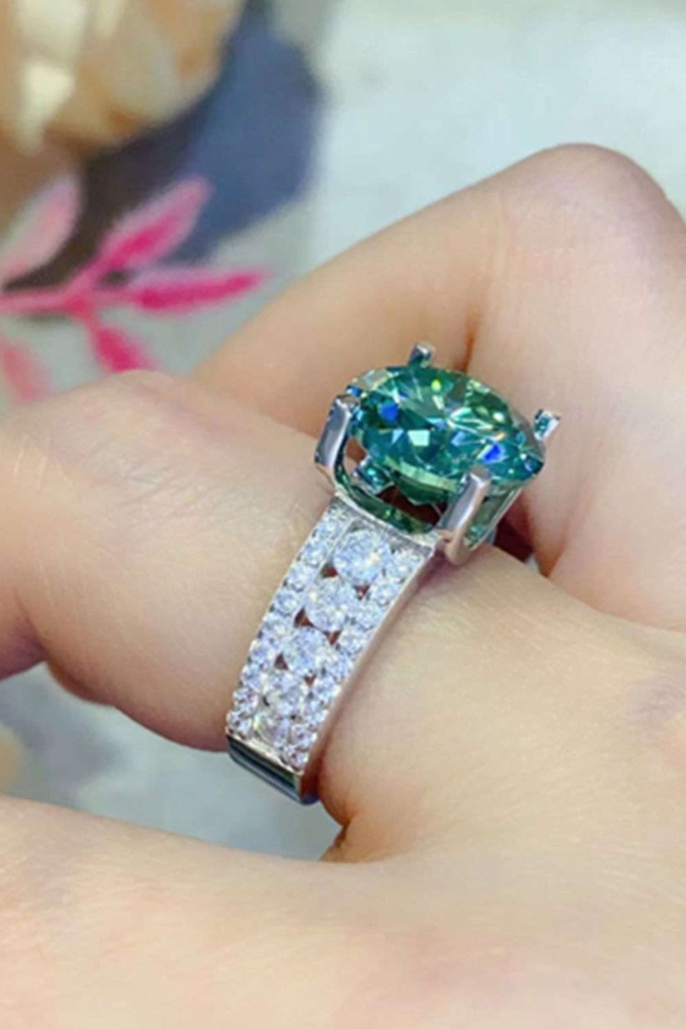5 Carat Green Round Brilliant Cut Moissanite 4-Prong Wide Band Ring - Sparkala