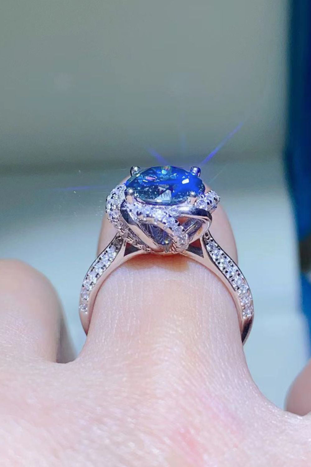 2 Carat Cobalt Blue Blue Round Brilliant Cut Moissanite Platinum Over Pure Sterling Silver Ring - Sparkala