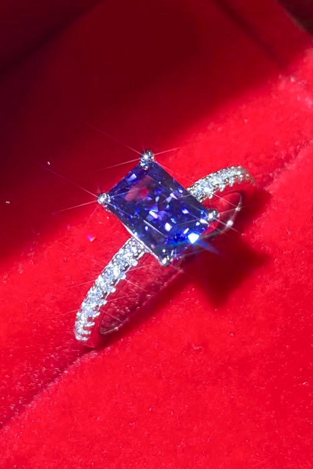 1 Carat Moissanite Platinum Over Pure Sterling Silver Rectangle Ring in Blue - Sparkala