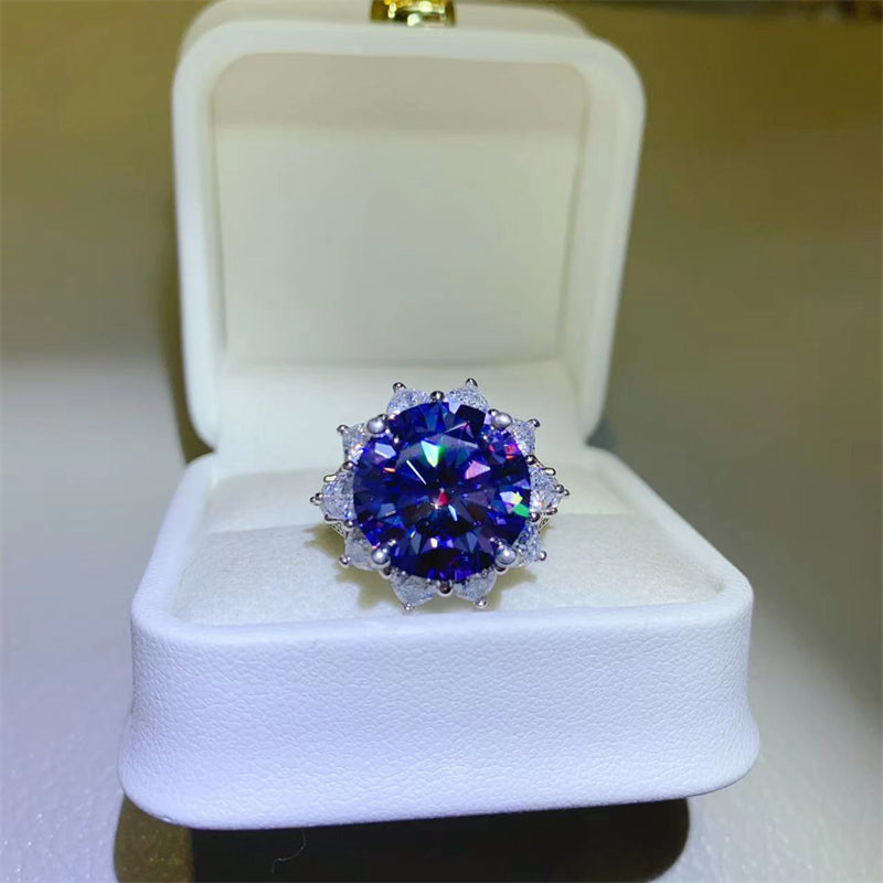 10 Carat Blue Round Brilliant Cut Moissanite Pure Sterling Silver Princess Di Ring - Sparkala