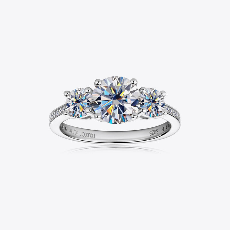 3 Carat 3-Stone Round Round Brilliant Cut Moissanite Platinum-Plated 925 Sterling Silver Ring - Sparkala