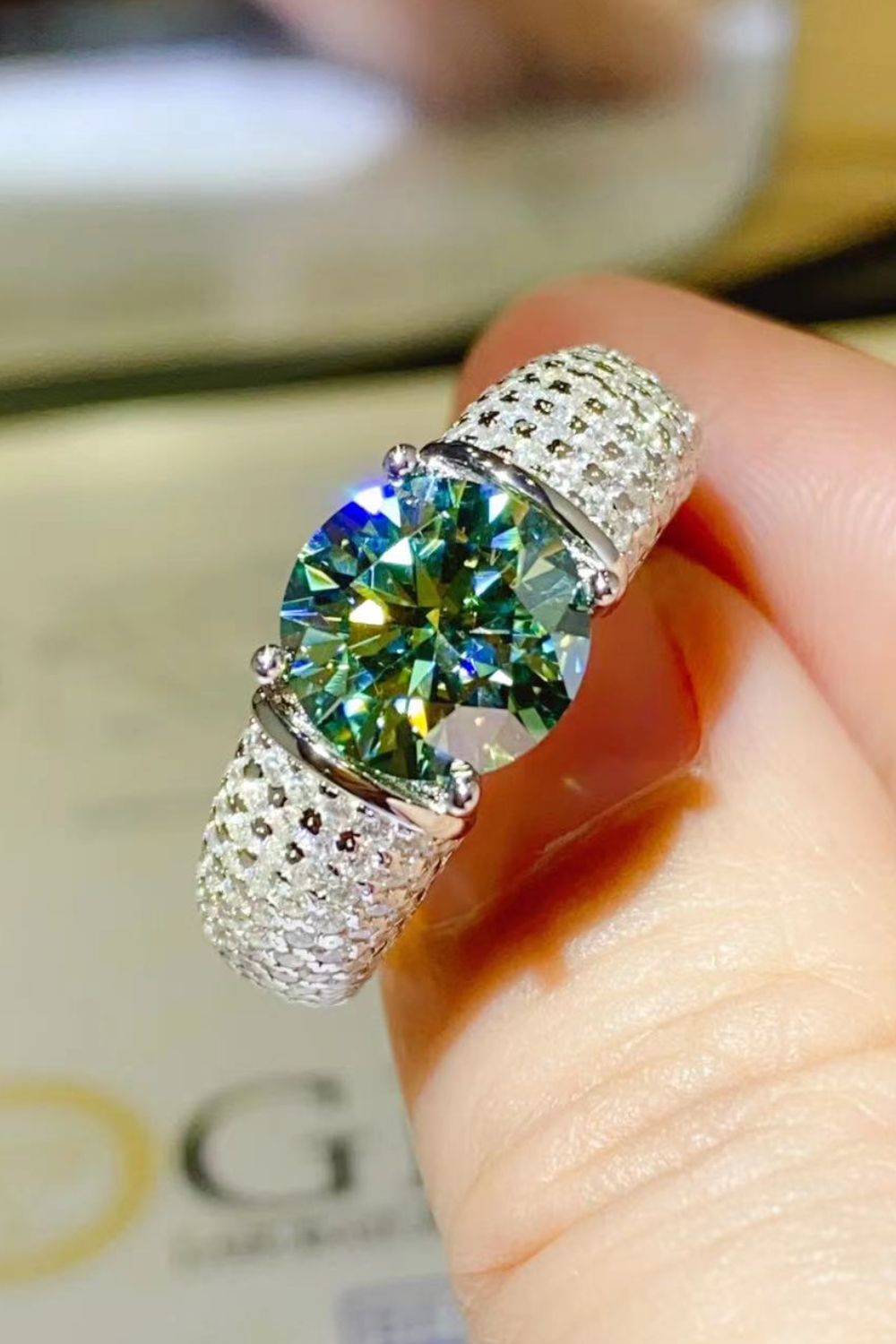 3 Carat Green Moissanite Side Stone Ring - Sparkala
