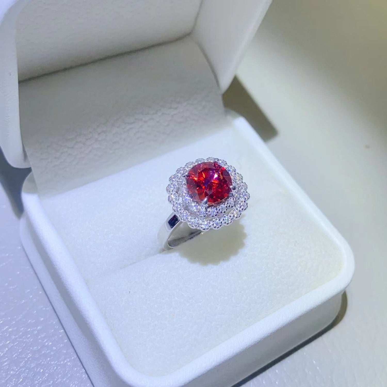 2 Carat Red Red Round Brilliant Cut Moissanite Pure Sterling Silver Halo Ring - Sparkala