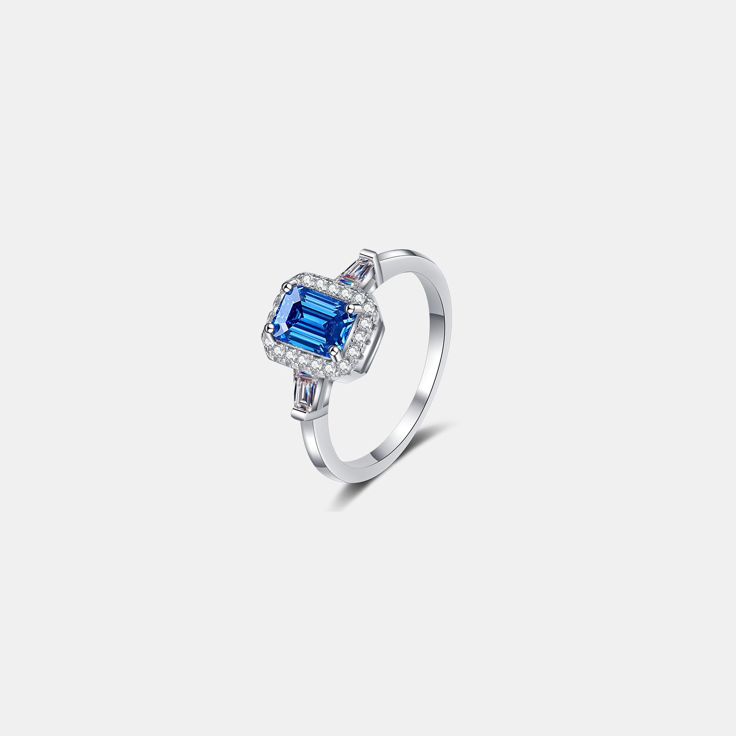 1 Carat Blue Emerald-Cut Moissanite Pure Sterling Silver Ring - Sparkala