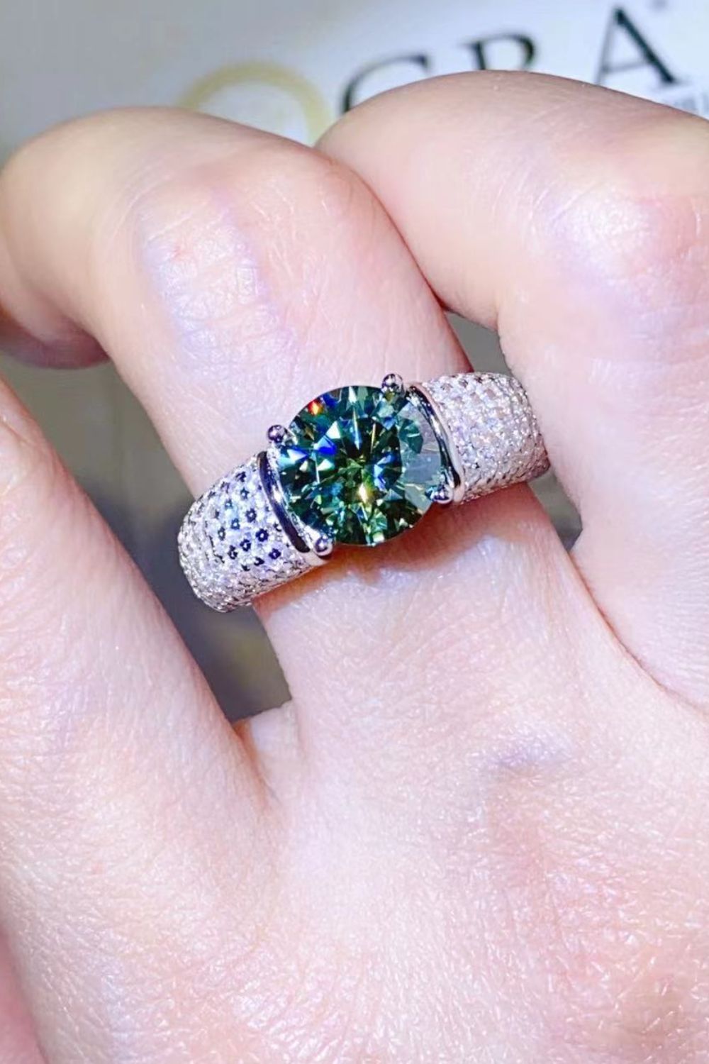 3 Carat Green Moissanite Side Stone Ring - Sparkala