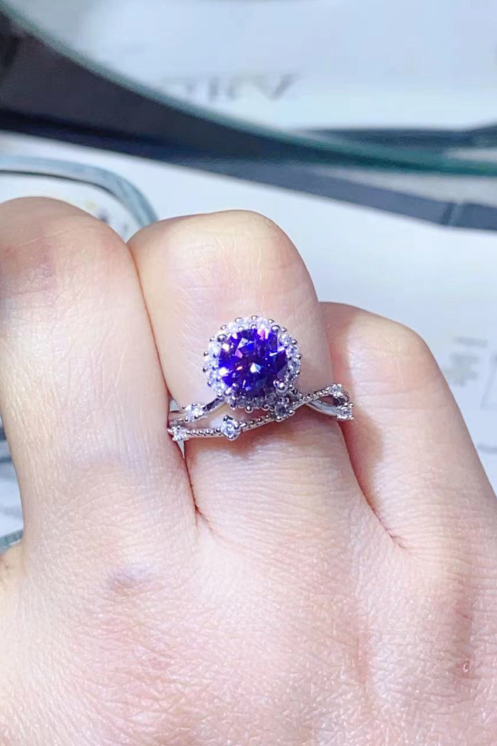 1 Carat Blue Round Brilliant Cut Moissanite Platinum Over Pure Sterling Silver Ring (Blue Or Purple) - Sparkala